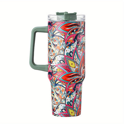 40oz Floral Pattern Tumbler With Lid And Straw, Stainless Steel Thermal Water Bottle With Handle, The Perfect Gift for Any Occasion