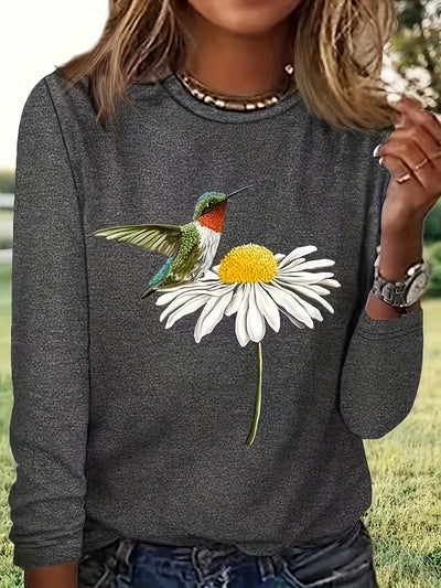 Whimsical Bird and Flower Print Crew Neck T-Shirt: A Perfect Casual Long Sleeve for Spring-Fall