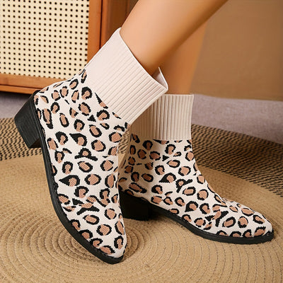 Stylish and Comfortable Women's Breathable Knit Chunky Heel Boots - Fashionable Slip-On Dress Boots for Ultimate Comfort