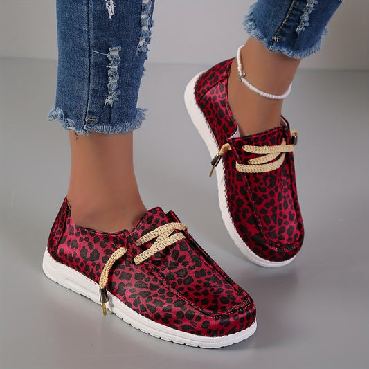 Women's Red Leopard Print Canvas Shoes, Lightweight Low Top Lace Up Shoes, Women's Fashion Walking Shoes