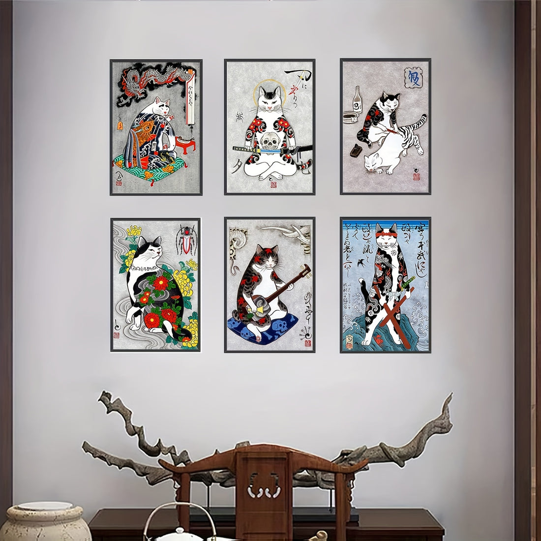 Discover the beauty of Japanese art with this set of 6 unframed prints featuring tattoo-inspired cat paintings. Each piece showcases intricate details and vibrant colors that will add a touch of retro elegance to your walls. Perfect for art enthusiasts and cat lovers alike.