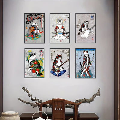 Japanese Art Tattoo Cat Painting Wall Retro Art Poster - Set of 6 Unframed Prints