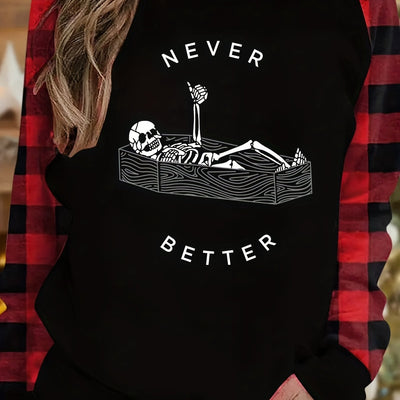 Halloween Skeleton Pattern T-Shirt, Casual Raglan Sleeve T-Shirt For Spring & Fall, Women's Clothing