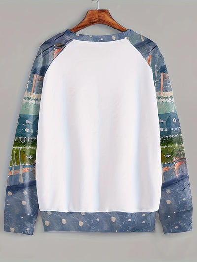 Adorable Feline Frenzy: Women's Cute Cat Print Crew Neck Sweatshirt - Casual, Long Sleeve & Drop Shoulder