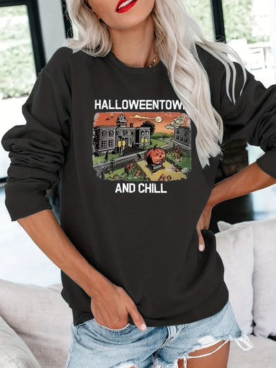 Halloween Town and Chill Print Sweatshirt, Casual Long Sleeve Crew Neck Sweatshirt For Spring & Fall, Women's Clothing