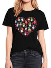 Glowing Gnome Heart Print Crew Neck T-Shirt: A Casual Short Sleeve Top for Spring/Summer in Women's Clothing
