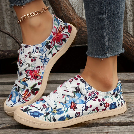 Stay fashionable and comfortable with Trendy Flower & Butterfly Pattern Canvas Sneakers. These lace-up flats are perfect for outdoor activities with their breathable canvas upper, rubber sole, and cushioned insole - ensuring comfort and support with every step.
