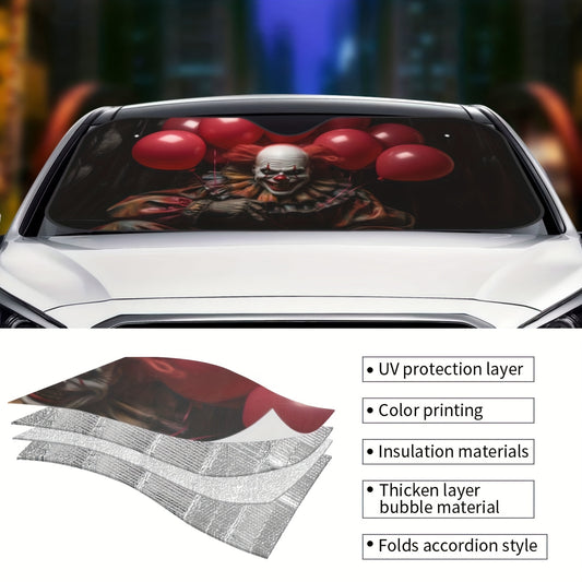 Frightful Clown Print Foldable Car Sun Shade: Keep Your Car Cool and Protected with this Unique UV Sun Visor!