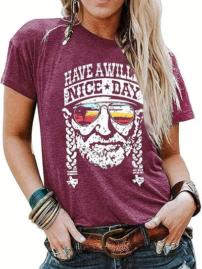 Stay stylish and comfortable with this Vintage 'Have a Willie Nice Day' Letter Print Crew Neck T-Shirt. It's perfect for casual everyday wear and features a classic crew neckline and high-quality construction for long-term durability. Its vintage print gives it a timeless look perfect for making you stand out in any setting.