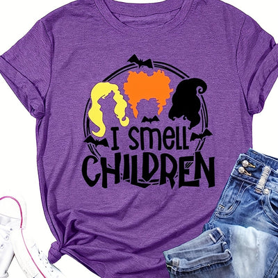 I Smell Chlldren Letter Print Crew Neck T-Shirt, Casual Short Sleeve Top For Spring & Summer, Women's Clothing