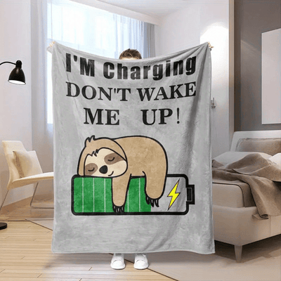 Soft and Warm Sloth and I'm Charging Letter Pattern Flannel Blanket for All Seasons - Soft and Soothing Throw for Comfortable Sleep and Relaxation