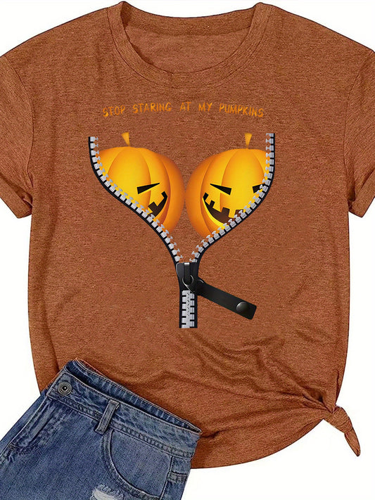 Pumpkin Zipper Pattern T-Shirt: A Stylish and Spooky Addition to Women's Clothing Collection