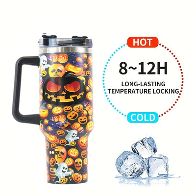 40oz Halloween Ghost and Pumpkin Tumbler With Lid And Straw, Stainless Steel Thermal Water Bottle With Handle, Portable Drinking Cups For Car, Home, Office, Birthday Gifts For Men Women