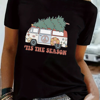 Festive Chic: Christmas Print Crew Neck T-Shirt - Casual Short Sleeve Summer Top for Women