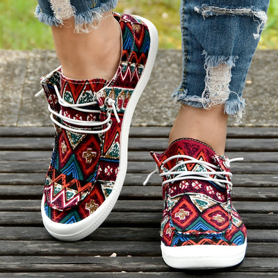 Ethnic Style Women's Canvas Flat Shoes - Comfortable & Stylish Lace-Up Loafers