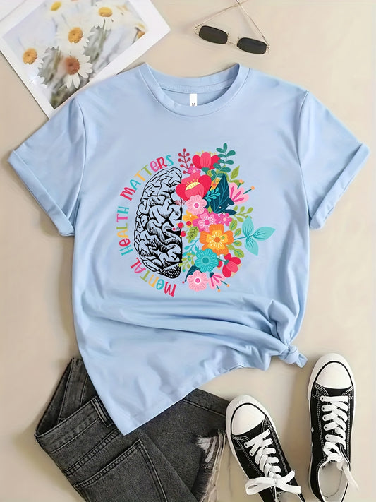 Colorful Floral & Brain Print Crew Neck T-shirt, Casual Short Sleeve T-shirt For Spring & Summer, Women's Clothing