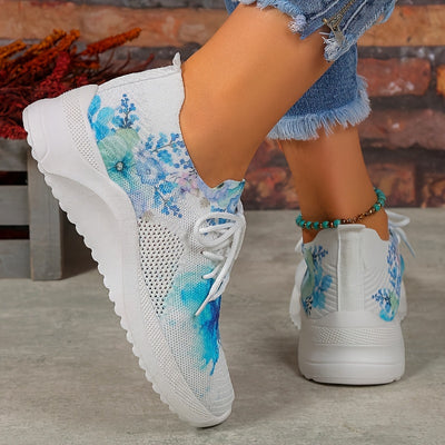 Fashionable Women's Flower Pattern Platform Sneakers: Breathable & Comfortable Lace-Up Outdoor Shoes