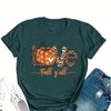 Pumpkin & Leopard Print Crew Neck T-Shirt, Casual Short Sleeve Top For Spring & Summer, Women's Clothing