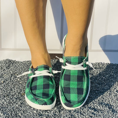 Stylish and Comfortable Women's Green Plaid Pattern Canvas Shoes: Lightweight Casual Shoes with Round Toe and Lace-Up Design