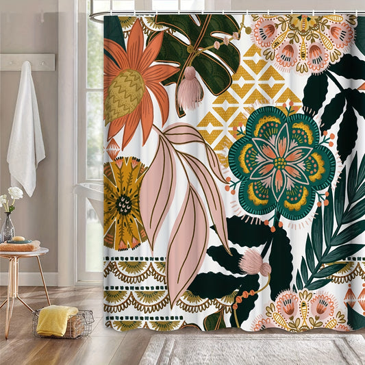 Boho Bliss: Colorful Floral Shower Curtain with Hooks – A Waterproof and Durable Bath Curtain for a Bohemian Vibe in Your Bathroom