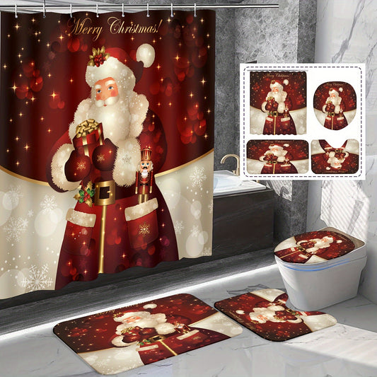 Bring holiday cheer to your bathroom with the Merry Christmas Bathroom Ensemble. This 4-piece shower curtain set includes a waterproof curtain, a festive rug and U-shape mat, and a toilet lid cover pad for added protection. Enjoy a festive, waterproof décor in your bathroom this holiday season.