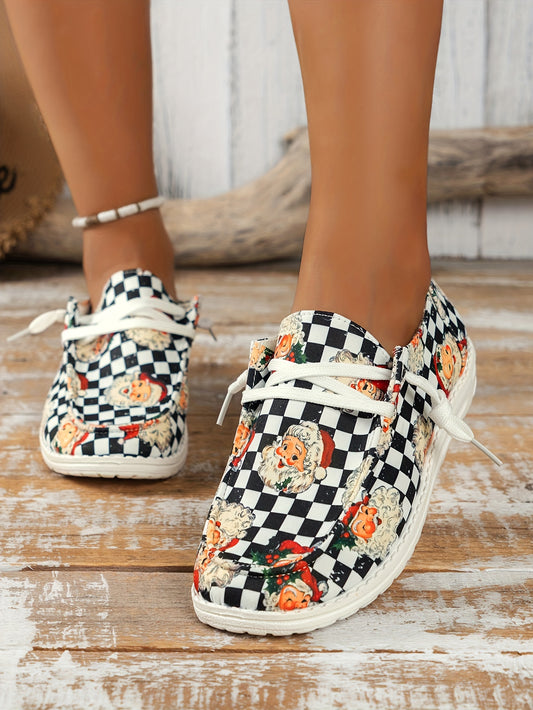These festive slip-on shoes are the perfect way to bring holiday cheer to any look. Comfortable and stylish, these shoes feature a colorful Santa Claus design that will bring a smile to every Christmas event. Enjoy the holiday season in fashionable and comfy shoes.