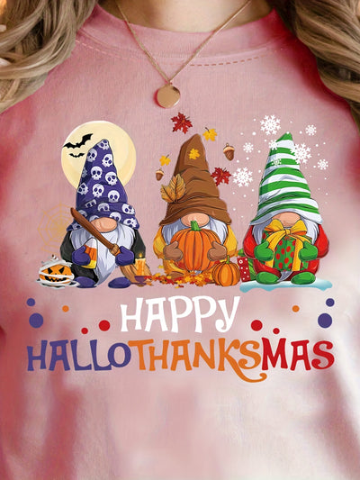 Stay Festive with our Happy Hallothanksmas Print Sweatshirt - Perfect for Casual and Cozy Days!