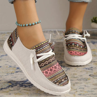 Trendy Women's Retro Ethnic Canvas Shoes - Lightweight & Comfortable Lace-Up Flats