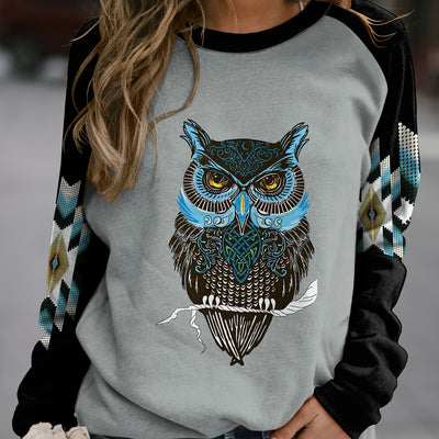 Owl Geometric Print Plus Size Casual Sweatshirt: Stylish and Cozy Plus Size Women's Clothing for Fall/Winter