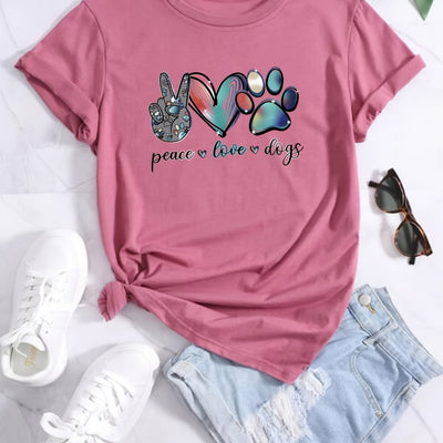 'Peace Love Dogs' Colorful Letter T-Shirt, Cute Short Sleeve Crew Neck Shirt, Casual Every Day Tops, Women's Clothing