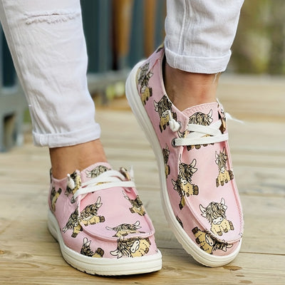 Cute and Comfortable Women's Cow Design Print Canvas Shoes - Low Top Lace Up Round Toe Casual Walking Shoes