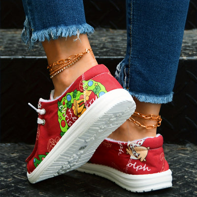 Christmas Spirit: Women's Festive Tree Print Canvas Shoes - Casual Slip-On Sneakers for a Stylish and Comfortable Holiday Look