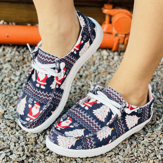 Walk in festive style this holiday season with these Santa Claus & Geometric Print Canvas Sneakers. With a lightweight and flexible design, these low top walking shoes offer maximum comfort with their breathable canvas fabric. Show off your unique style with this eye-catching Christmas pattern.