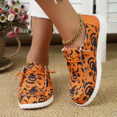 Halloween Chic: Women's Pumpkin Bat Print Canvas Shoes – Lightweight Low Top Halloween Shoes for Casual and Outdoor Styling