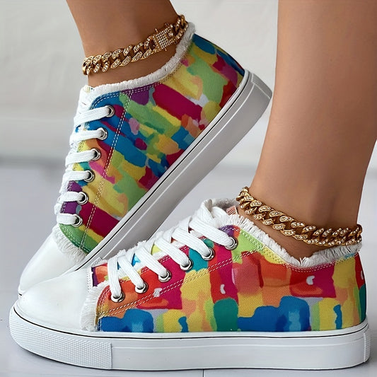 Stay comfortable and stylish with these Women's Canvas Sneakers. Featuring a colorful pattern and secure lace-up closure, they are perfect for walking, running, or any other casual activity. The low top construction provides support while remaining lightweight and flexible. Enjoy versatility and comfort with these fashionable sneakers.