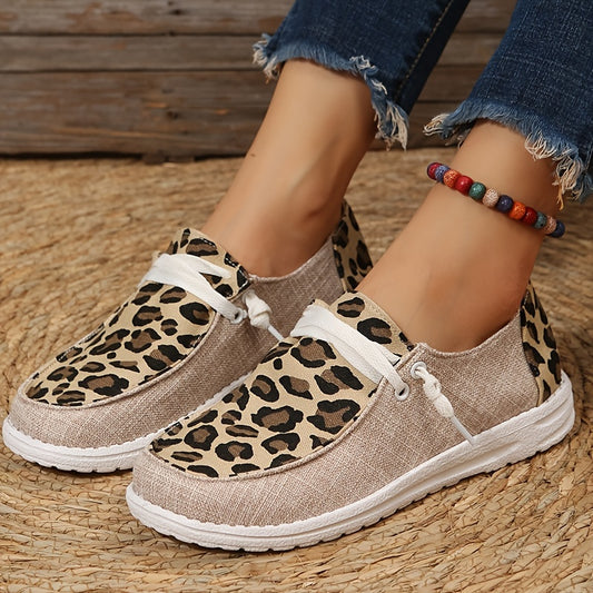 Stylish Leopard Print Canvas Shoes for Women - Colorblock Lace Up Flat Canvas Shoes for Casual Comfort and Fashionable Style