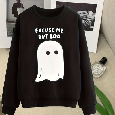 Cute Ghost Letter Print Plus Size Casual Sweatshirt: Stylish Comfort for Women's Plus Size