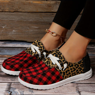 Stylish and Comfortable: Women's Flat Canvas Sneakers - Plaid Leopard Print Low-Top Shoes for Casual and Comfy Walking