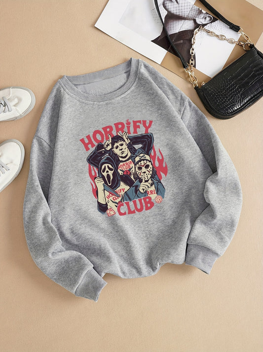 This Horrify Club sweatshirt offers women a unique way to express their style. It features an elegant, spooky print design and is crafted from a polyester and cotton blend for an ultra-soft feel. The sweatshirt is perfect for a casual yet fashionable look.