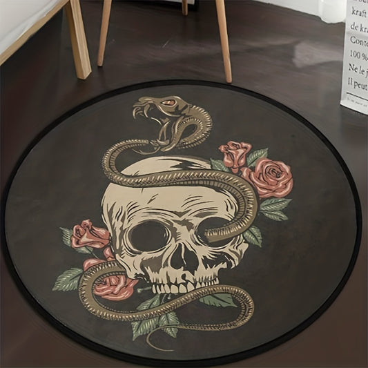 Bring a spooky touch to your home this Halloween with Creepy Coils' Snake Coiled Skull Round Area Rug. Crafted with 100% machine-washable polypropylene material, this unique rug brings a vintage horror look to any room – perfect for die-hard horror fans.