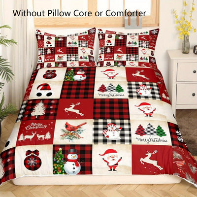 Merry Christmas Farmhouse Duvet Cover Set: Santa Claus, Snowman, and Tree Pattern Microfiber Bedding for a Festive Bedroom