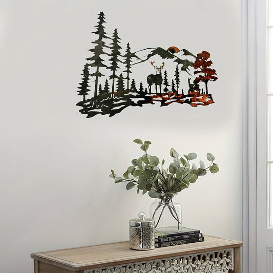 Rustic Elegance: Elk with Forest Pine Metal Art Wall Decor - Metal Vintage Sculpture for Indoor and Outdoor Spaces