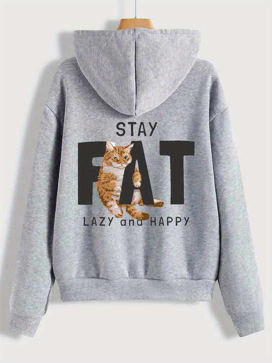 Cozy and Chic: Women's Plus Size Cat Slogan Hooded Sweatshirt with Pockets