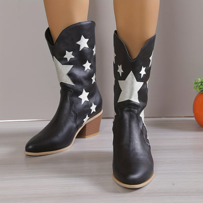 Stylish Star-patterned Chunky Heel Cowboy Boots: The Perfect Embroidered Western Fashion Statement for Women