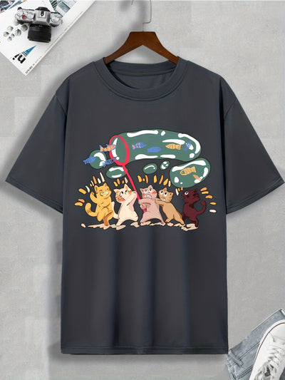 Men's Cartoon Cat Fish Pattern T-Shirt: Embrace Casual Street Style with this Stretch Round Neck Tee Shirt for Summer