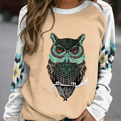 Owl Geometric Print Plus Size Casual Sweatshirt: Stylish and Cozy Plus Size Women's Clothing for Fall/Winter