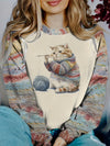 Adorable Feline Frenzy: Women's Cute Cat Print Crew Neck Sweatshirt - Casual, Long Sleeve & Drop Shoulder