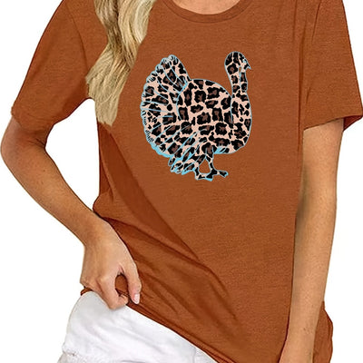 Turkey Leopard Pattern Crew Neck T-Shirt: Embrace Casual Chic for Spring/Summer with this Women's Fashion Essential