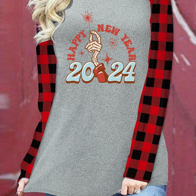 Ring in the Fabulous 2024 with Our Happy New Year Print T-Shirt: A Stylish & Casual Long Sleeve Top for Women