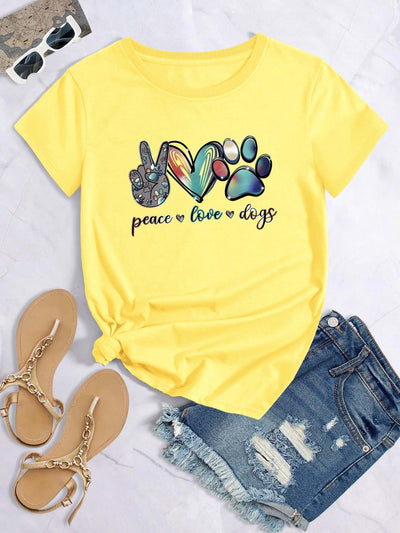'Peace Love Dogs' Colorful Letter T-Shirt, Cute Short Sleeve Crew Neck Shirt, Casual Every Day Tops, Women's Clothing